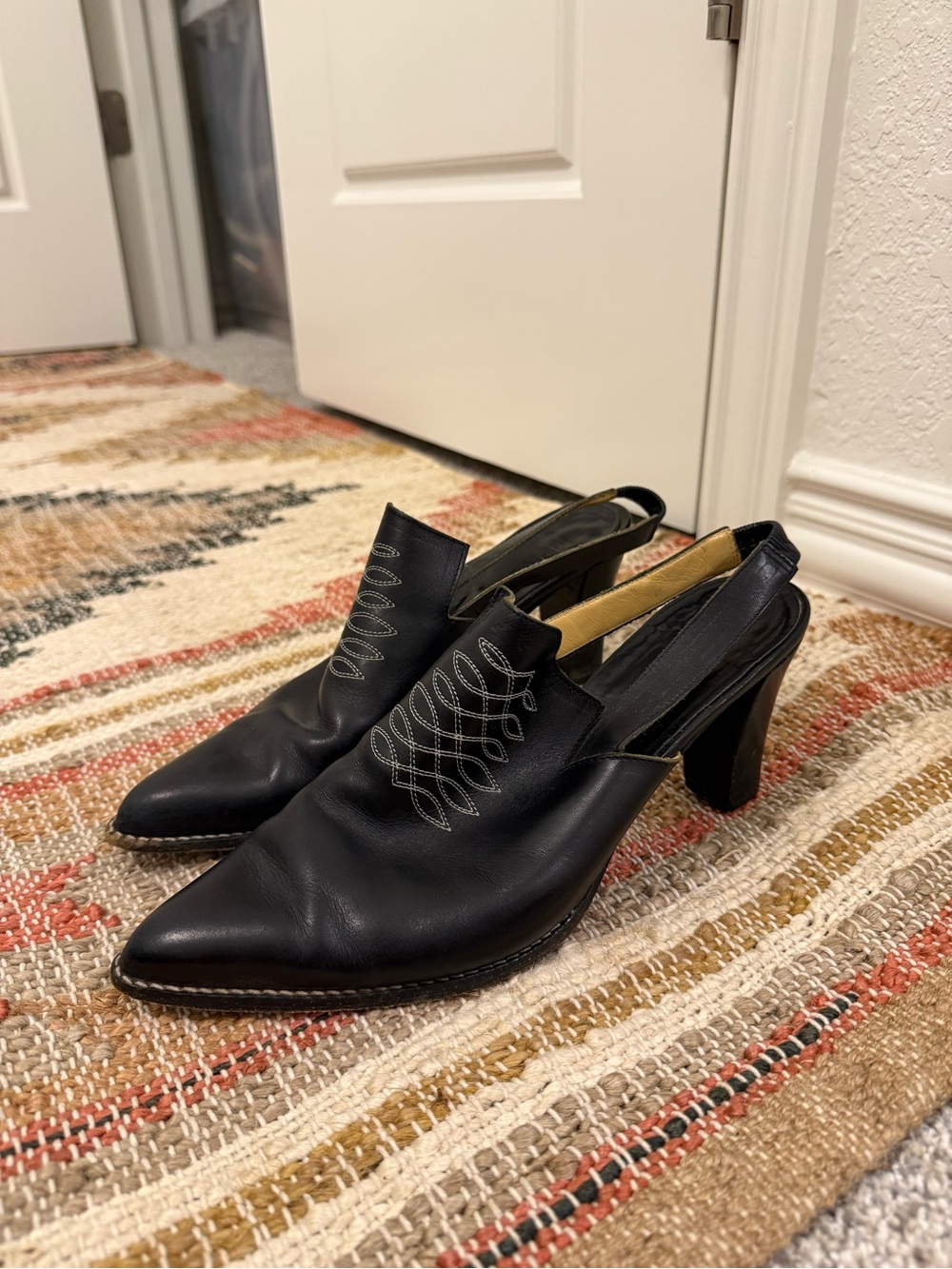 Vintage Prevata Black Italian Leather Western Slingback Mule Heels